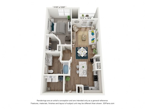 a 3d floor plan of a 1 bedroom apartment